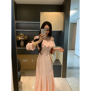 春季 荷叶边斜肩条纹连衣裙女收腰显瘦气质长裙 郁金香 XINYI