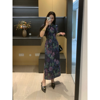 大码新中式油画旗袍连衣裙女夏