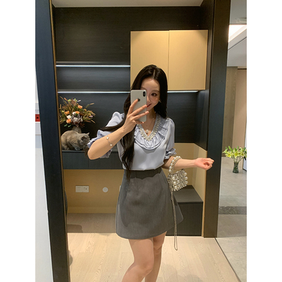 XINYI【海盐梦境】春夏荷叶边领口钉珠小衫女+西装半裙显瘦套装女