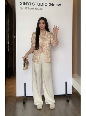 XINYI【月光石】春季国风提花休闲裤女松紧腰显瘦百搭X624K01204