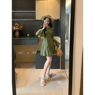 XINYI 春季 圆领波点印花连衣裙收腰显瘦气质喇叭袖 抹茶波波