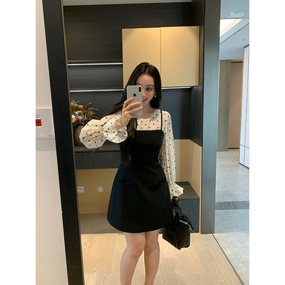 XINYI【点点黑巧】秋季天丝波点拼接西装连衣裙收腰显瘦气质裙