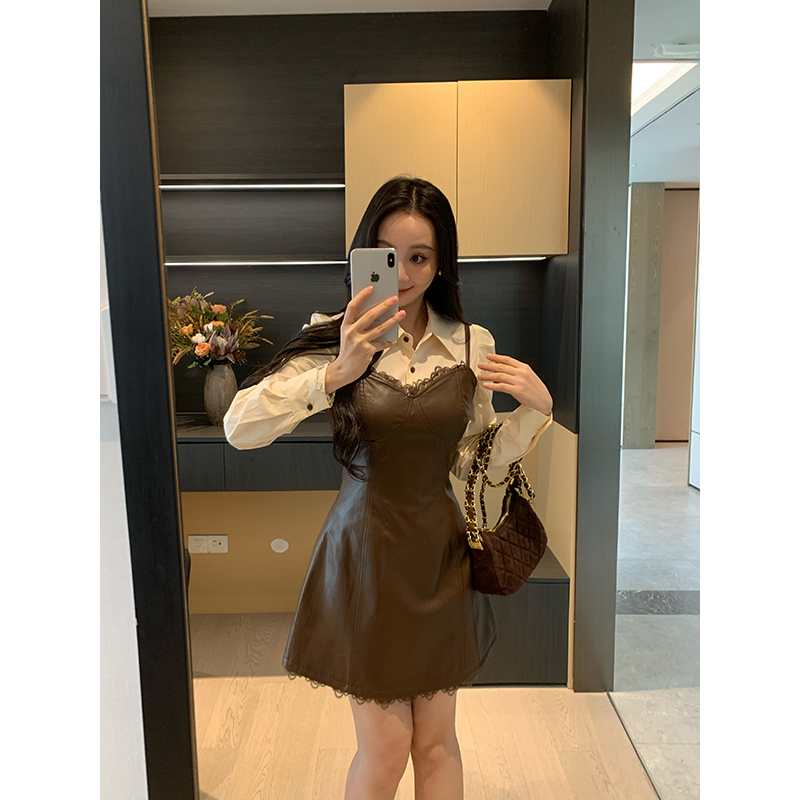 XINYI【松茶可可】秋季天丝衬衫+蕾丝边吊带连衣裙PU皮休闲套装女