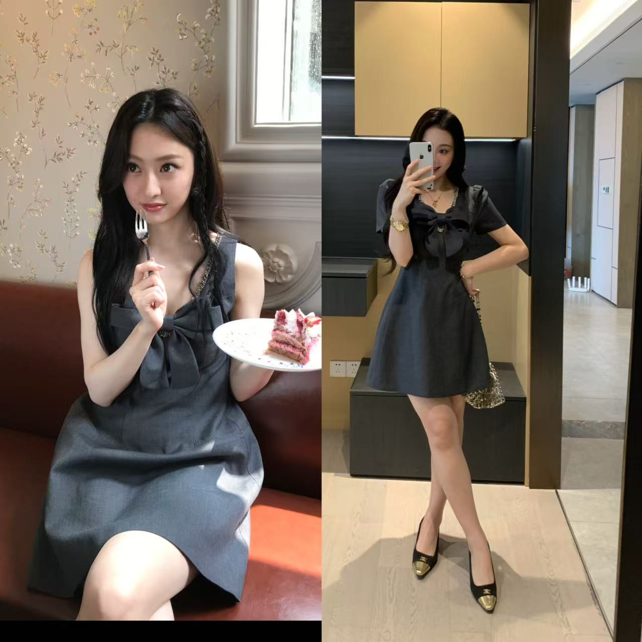 XINYI【西尔维娅】夏季蝴蝶结西装连衣裙收腰显瘦气质X625Q10088