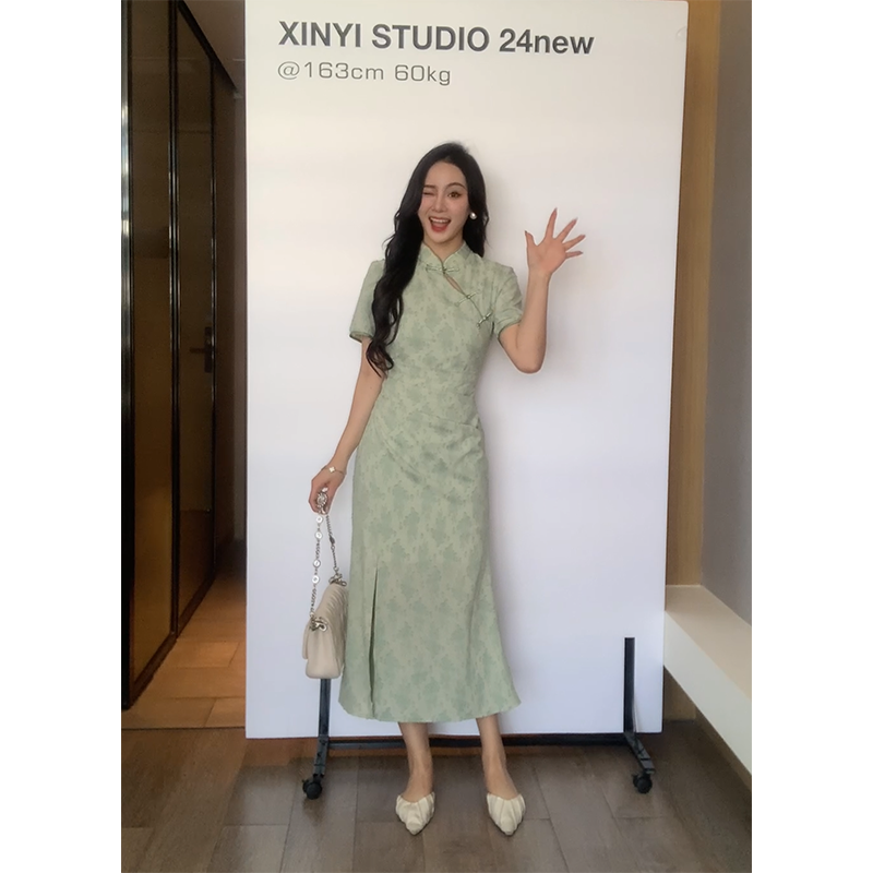 XINYI【春不晚】春季国风印花连衣裙收腰显瘦气质裙X624Q02017 女装/女士精品 连衣裙 原图主图