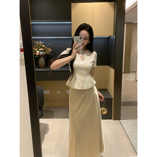 XINYI【鎏金旧梦】夏季梅花金刺绣小衫+缎面半身裙显瘦贵气套装女