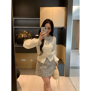 亮片高腰半身裙显瘦套装 秋冬高定蝴蝶结毛衣 女 银河遐思 XINYI