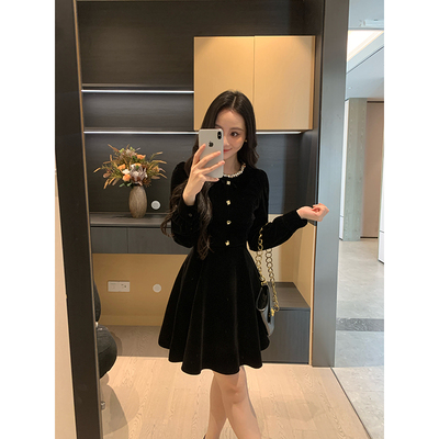 XINYI【曜夜赫本】秋冬高定钉钻圆领丝绒连衣裙收腰显瘦气质裙