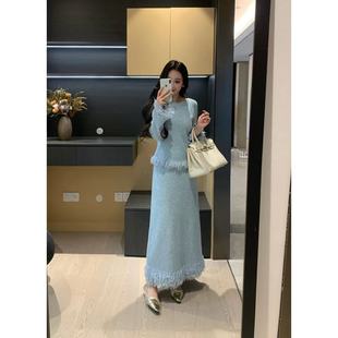 XINYI【蓝鲸之歌】冬季流苏弹力针织上衣+高腰半身裙显瘦套装女