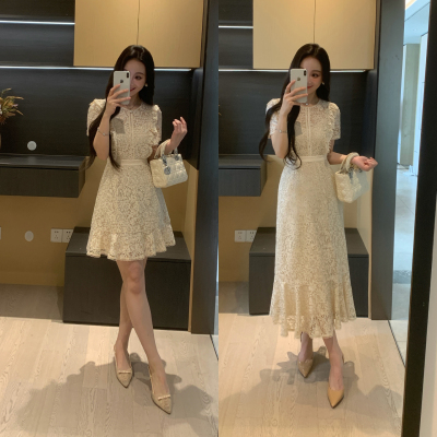 XINYI【月落银河】夏季荷叶边肌理蕾丝连衣裙收腰显瘦气质长裙