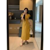 夏季 XINYI 高智恋人 麻感醋酸显白连衣裙收腰显瘦裙X625Q11353