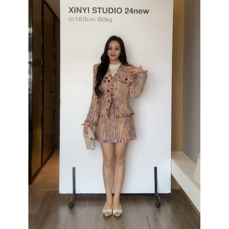 XINYI【彩梦斑斓】秋冬彩纱编织小香风外套+半身裙显瘦X624A18897