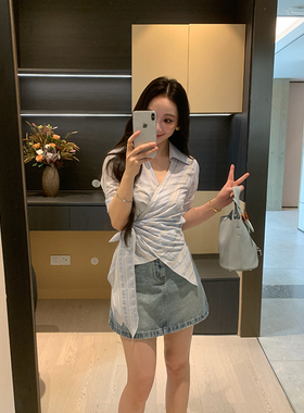 XINYI【蓝色幻想】夏季天丝莱赛尔亚麻衬衫+半裙套装女X626C03165