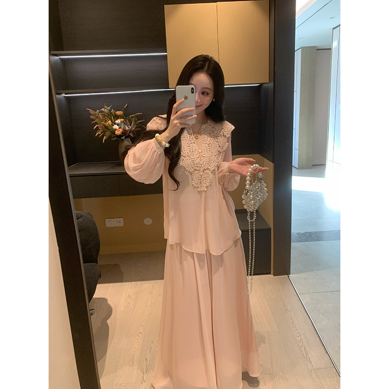 XINYI【粉雾花纱】夏季立体刺绣雪纺上衣+高腰半身裙显瘦套装女