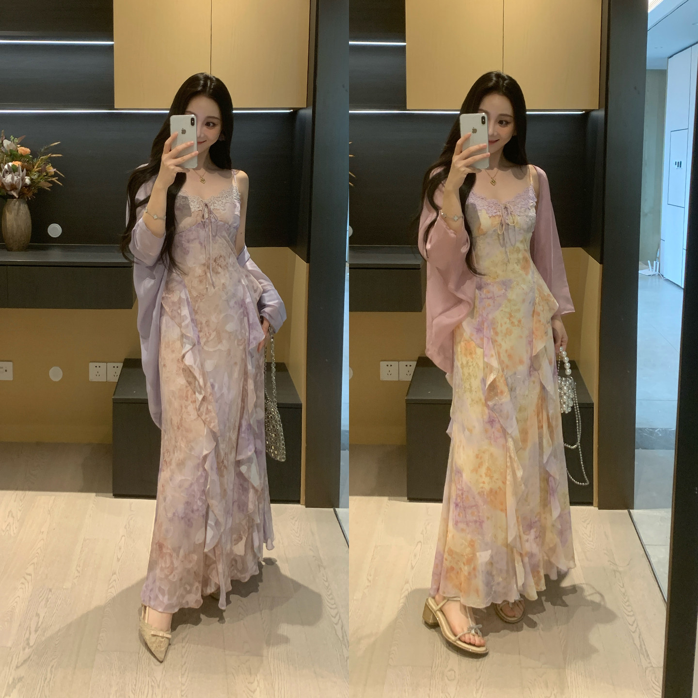 XINYI【烟霞漫染】夏季晕染印花雪纺连衣裙+披肩套装女X626Q04987