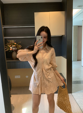 XINYI【薄雾玫瑰】夏季镂空烧花蕾丝衬衫+半裙显瘦套装X626A03236