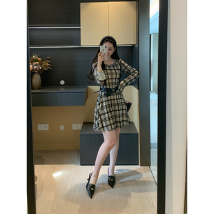 XINYI 春季 经典 黑白格纹连衣裙收腰显瘦气质氛围感 首尔格调