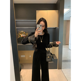 XINYI【金珠环纱】秋季如意纱拼接丝绒小衫+丝绒休闲裤显瘦套装女