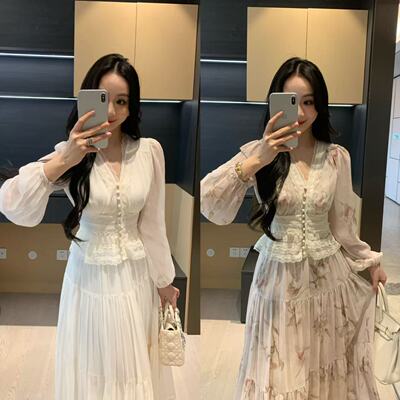 XINYI【希腊女神】春季碎花雪纺小衫+半身裙显瘦两件套X625E01876