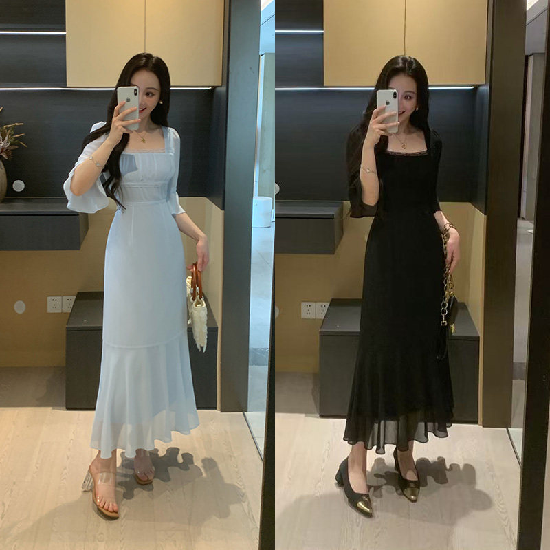 XINYI【神秘热恋】夏季赫本风方领珍珠雪纺连衣裙收腰显瘦气质