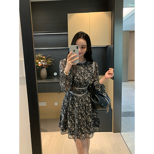 XINYI 秋季 波点印花雪纺连衣裙中长款 收腰显瘦气质裙 晚秋花房