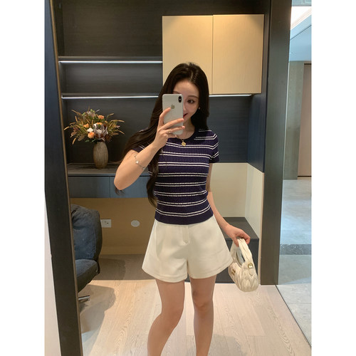 XINYI【英伦假日】夏季针织条纹撞色小衫女显瘦百搭简约短袖T恤