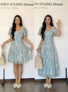 XINYI【莫奈花园】夏季刺绣连衣裙短袖收腰显瘦气质裙X624X07415