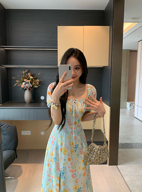 XINYI【琉璃花园】夏季方领印花连衣裙女收腰显瘦气质X625Q05502