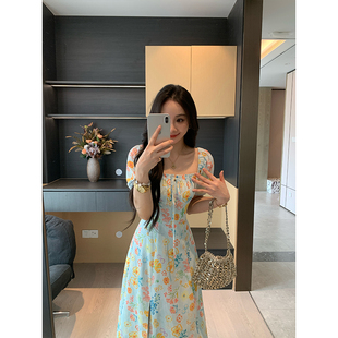XINYI 方领印花连衣裙女收腰显瘦气质X625Q05502 琉璃花园 夏季