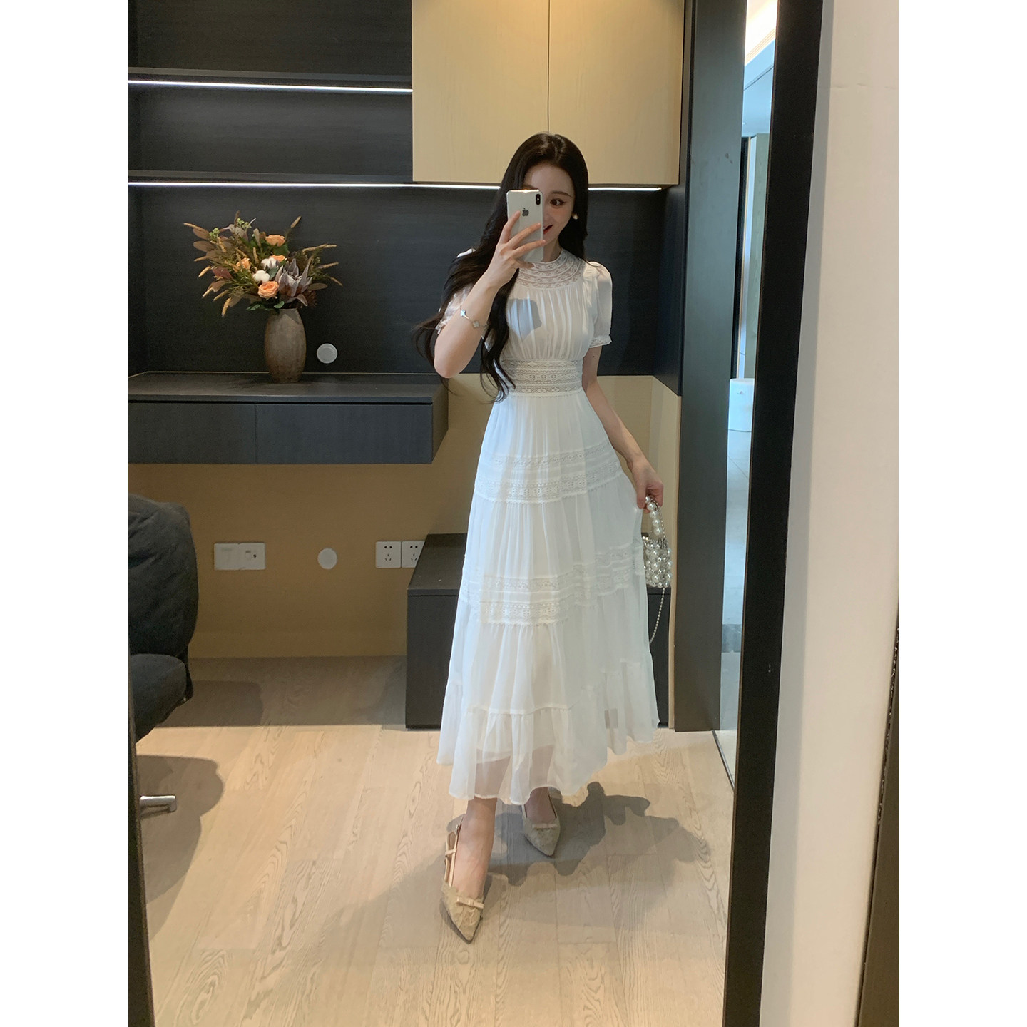 XINYI【情迷摩纳哥】夏季法蕾拼接雪纺连衣裙收腰显瘦小白长裙