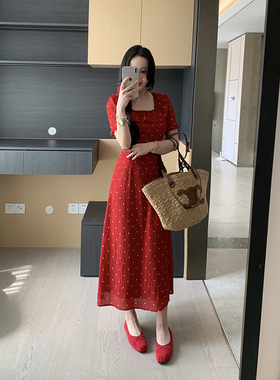 XINYI【樱桃红】春夏花边波点连衣裙女收腰显瘦气质裙X625Q03604