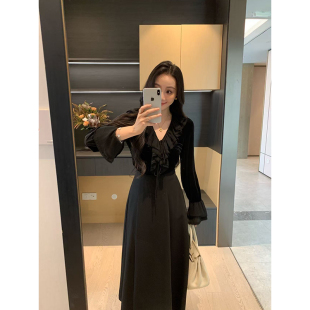 甜茶香颂 长半裙显瘦套装 秋季 高腰西装 女 木耳边丝绒小衫 XINYI