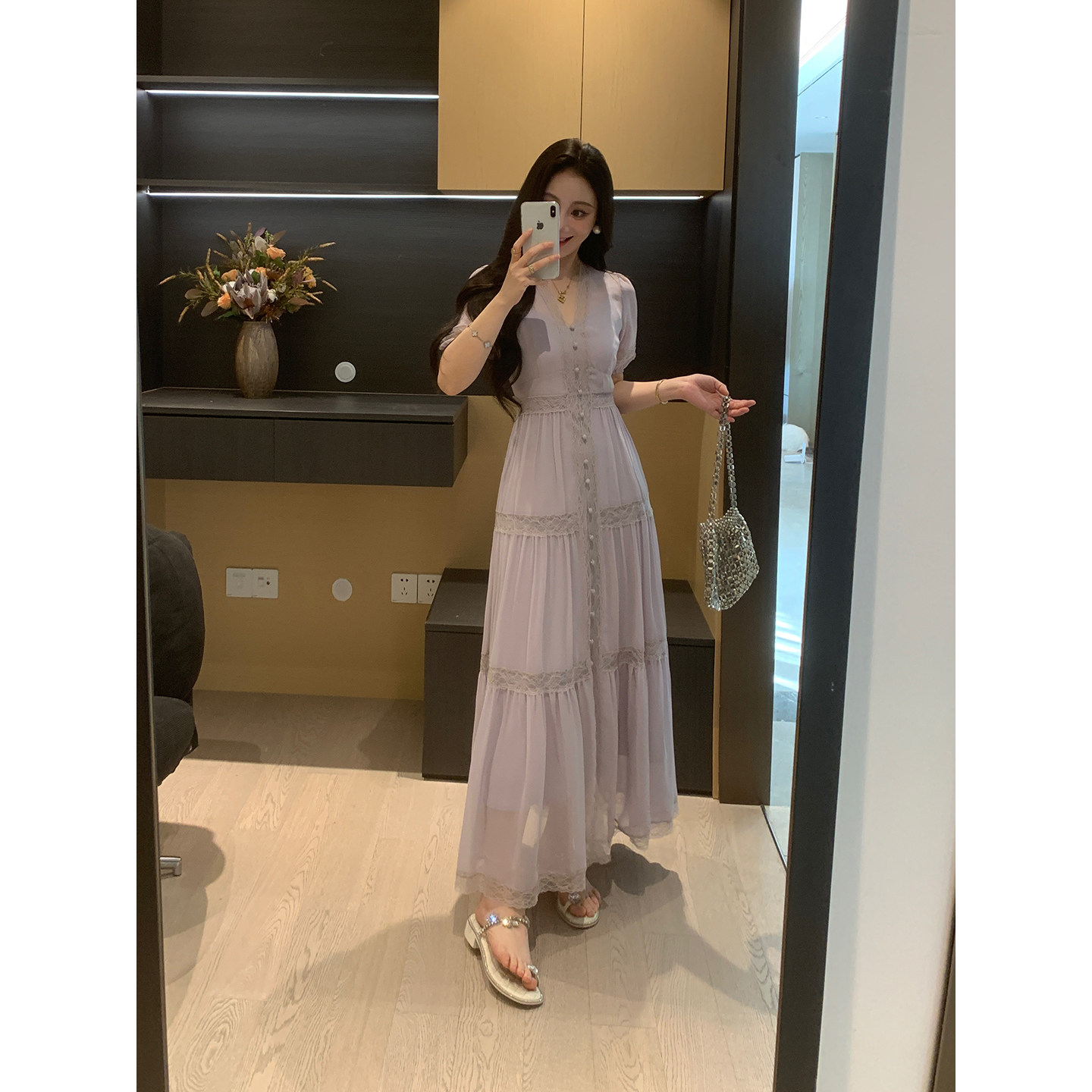 XINYI【烟紫梦境】夏季蕾丝拼接雪纺连衣裙收腰显瘦X626Q04876