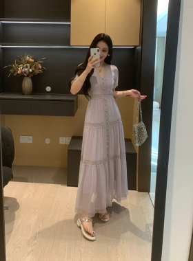 XINYI【烟紫梦境】夏季蕾丝拼接雪纺连衣裙收腰显瘦X626Q04876