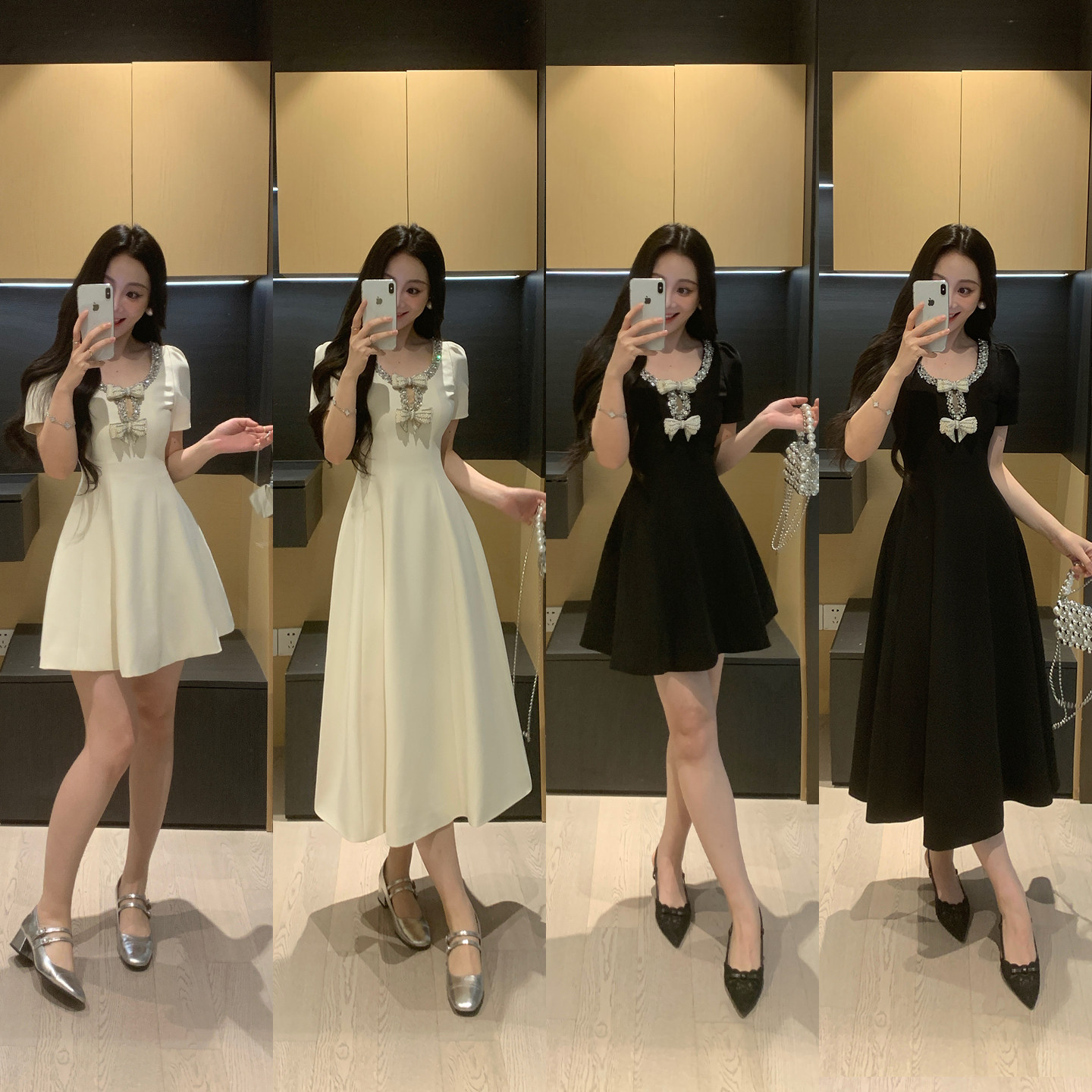 XINYI[墨钻风华]黑色收腰显瘦连衣裙女夏微胖mm大码重工钻带裙子