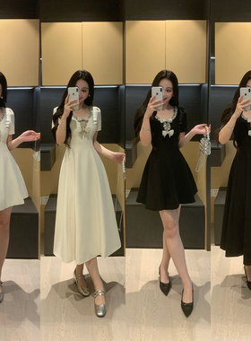 XINYI[墨钻风华]黑色收腰显瘦连衣裙女夏微胖mm大码重工钻带裙子