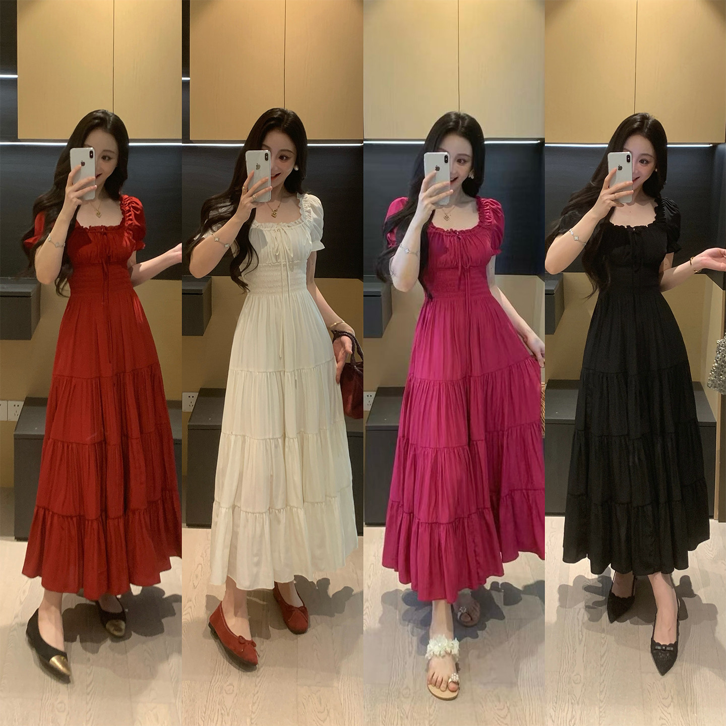 XINYI[绯色邂逅]方领连衣裙女2026夏微胖mm收腰显瘦显白长款裙子