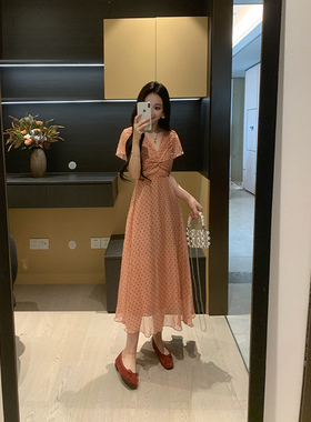XINYI【落日曼波】夏季波点印花雪纺连衣裙收腰显瘦X626Q03496