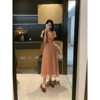 XINYI【落日曼波】夏季波点印花雪纺连衣裙收腰显瘦X626Q03496