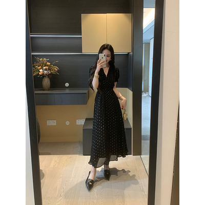 XINYI【巴黎之夜】夏季木耳边人丝波点连衣裙收腰显瘦X626Q02221