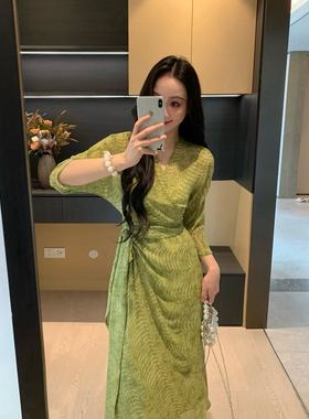 XINYI【绿意波漫】夏季设计感绿色雪纺连衣裙收腰显瘦X625Q09503