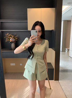 XINYI【高知印象】夏季亚麻西装外套+高腰短裤女两件套X625A08022