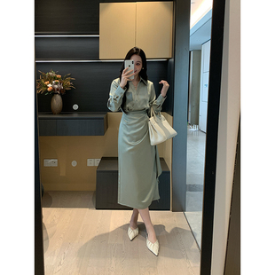 XINYI【碧波海盐】秋季重磅流光缎面连衣裙收腰显瘦温柔气质裙