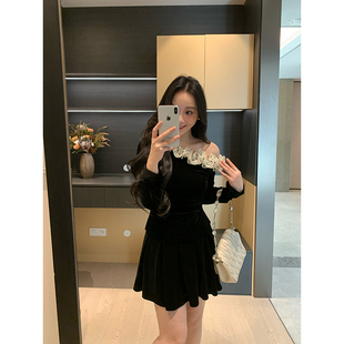 高腰半身裙显瘦套装 XINYI 花边拼接丝绒小衫 冬季 女 大小姐新贵