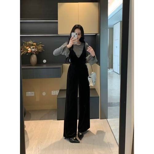 XINYI【曼城街区】秋季烫钻针织T恤女+丝绒吊带连体裤显瘦套装