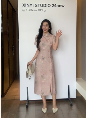 XINYI【桃花泱泱】夏季新中式短袖连衣裙收腰显瘦气质X624Q02580