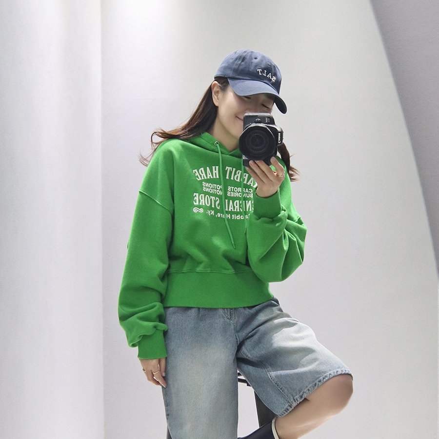 直邮 韩国制 代购官网女装Green Hill 亮眼绿色字母印花连帽卫衣