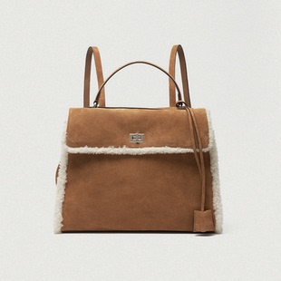 直邮 韩国代购官网正品the-barnnet 羊毛皮毛绒边翻盖背包 双肩包