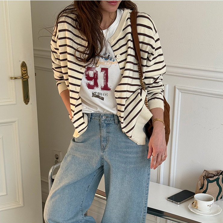 直邮 韩国代购官网女装N9 休闲宽松单排扣圆领条纹针织开衫,女装/女士精品,毛针织衫,淘宝优惠券,粉丝福利购,淘宝优惠卷