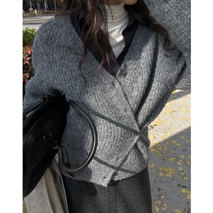 直邮 韩国官网代购女装feminique 2024秋冬 羊毛混纺针织开衫